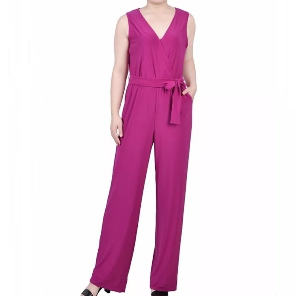 Ny Collection Sleeveless Belted Tie V Neck Purple Jumpsuit Womens Size PXL NWT